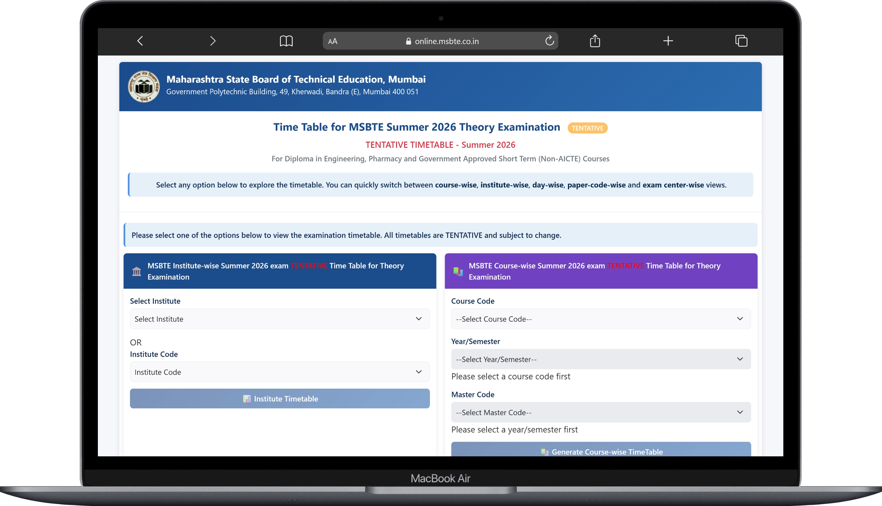 MSBTE Summer 2026 Institute-wise Tentative Timetable for Theory Examination