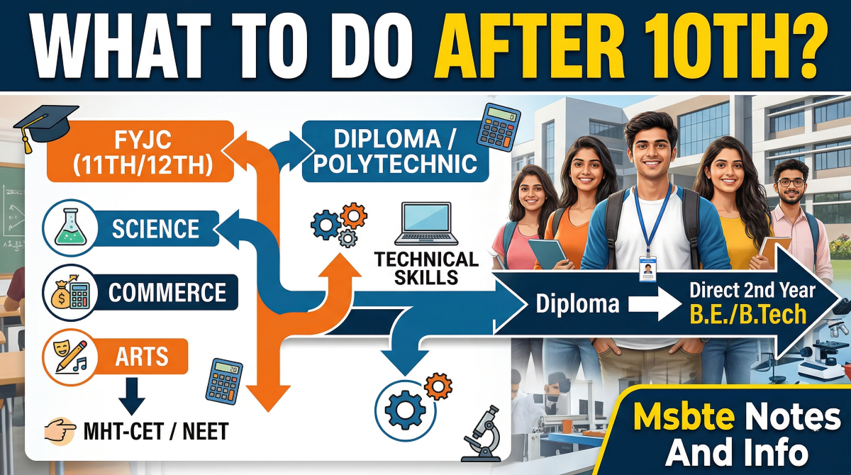 Comprehensive chart showing career pathways after 10th standard in Maharashtra, including Junior College, Polytechnic Diploma, and ITI.